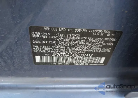 2019 Subaru Crosstrek 2.0I from USA, damaged, VIN JF2GTAAC4K8337412
